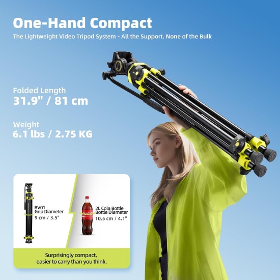 Cayer BV01 Compact Video Tripod, 65" Twin Tube Fluid Head 13.2 Lb